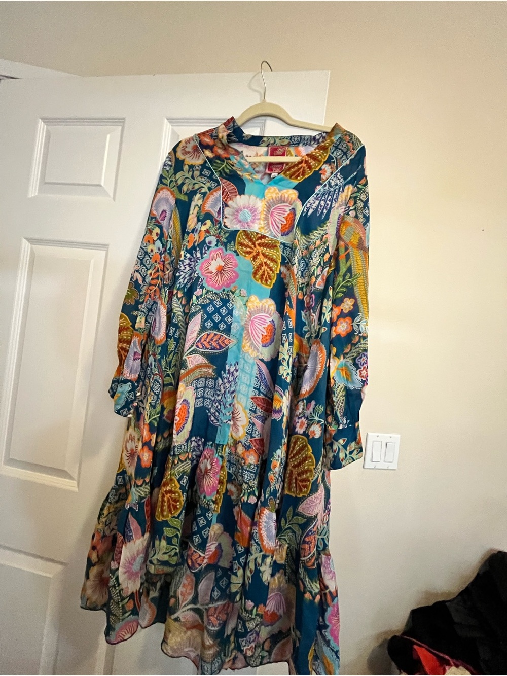 Johnny Was Teal Multicolor Floral Long Sleeve Dress